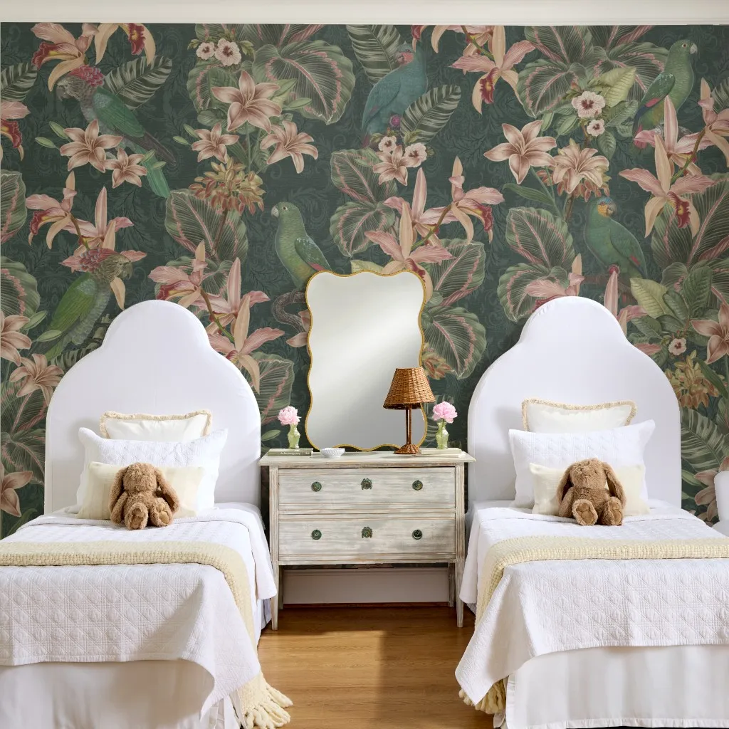 Elia: Moody Tropical Jungle Parrots & Exotic Floral Foliage in Dark Green