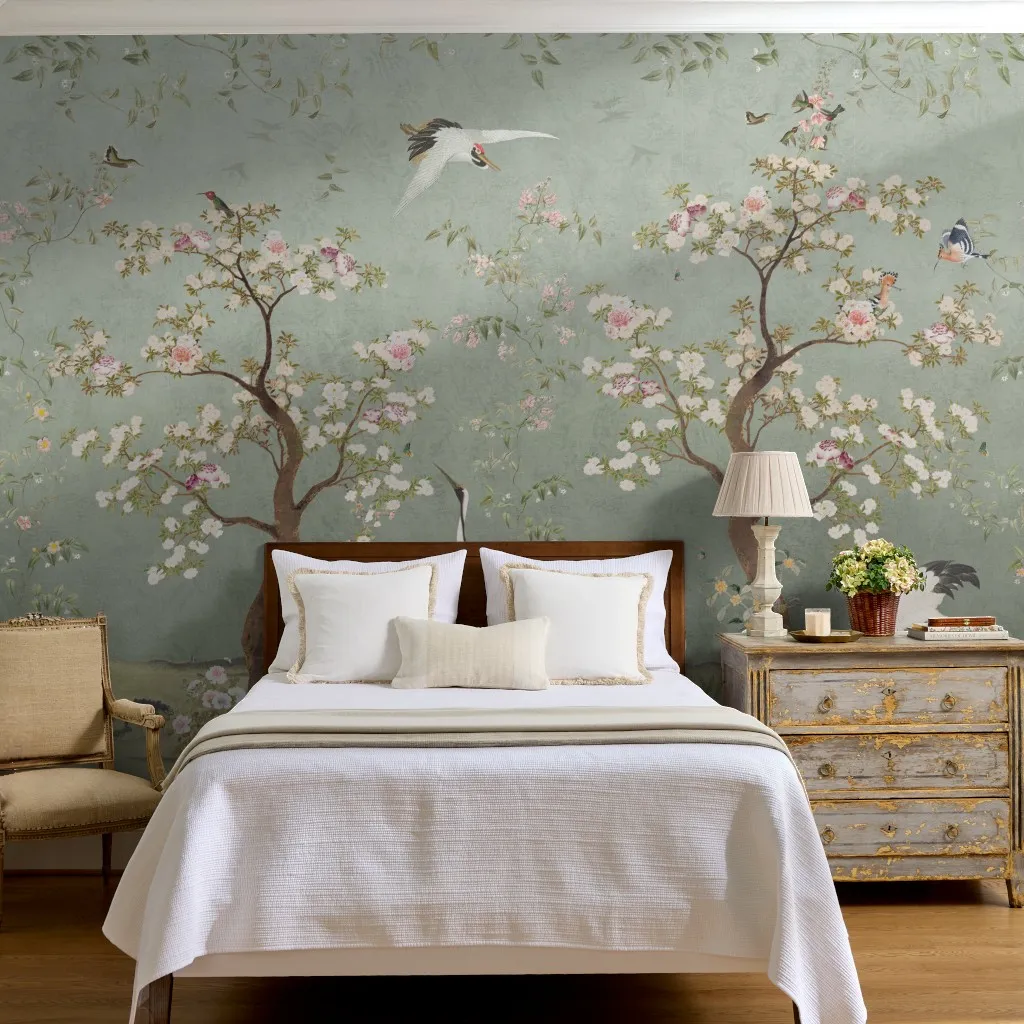 Liu: Vintage Chinoiserie Garden Crane Birds in Teal