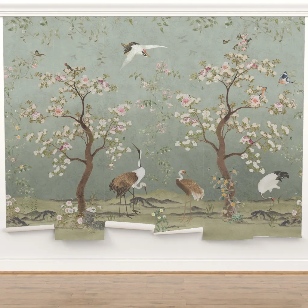 Liu: Vintage Chinoiserie Garden Crane Birds in Teal