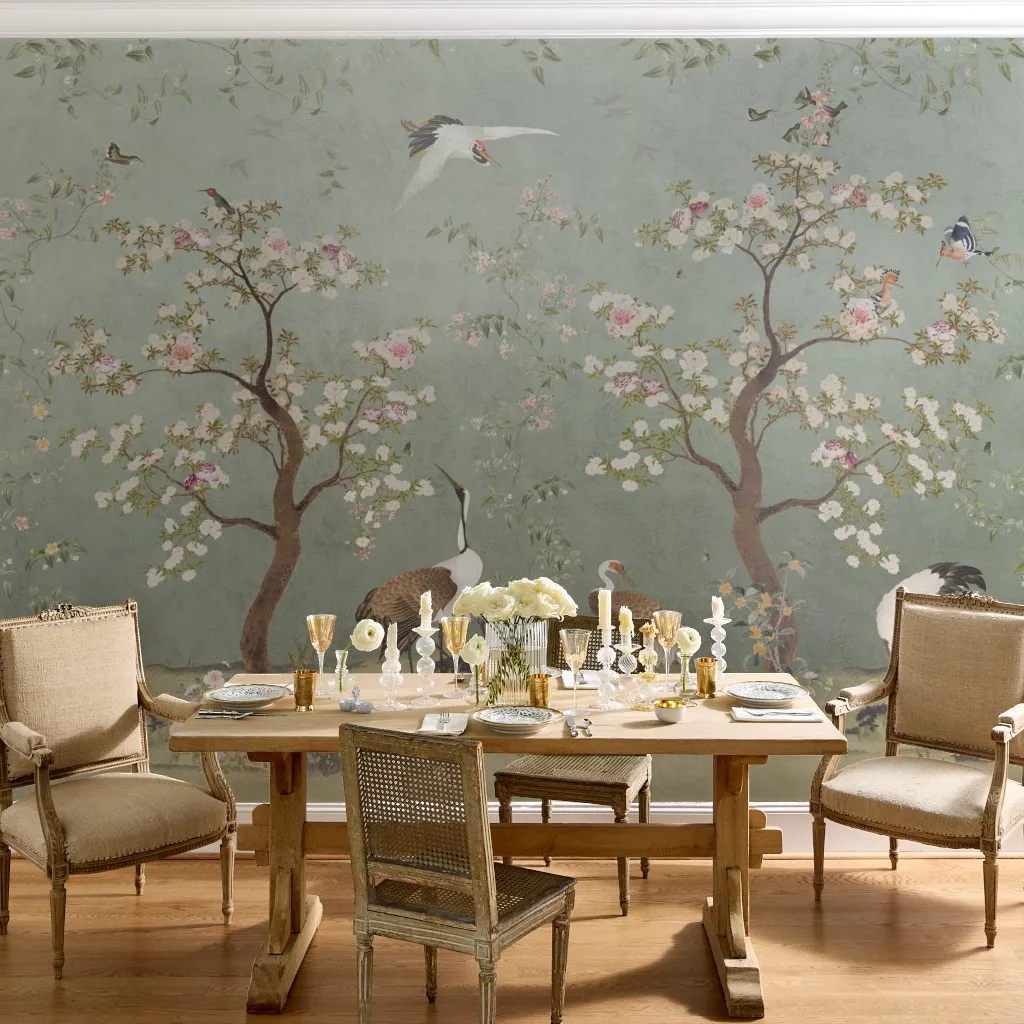 Liu: Vintage Chinoiserie Garden Crane Birds in Teal