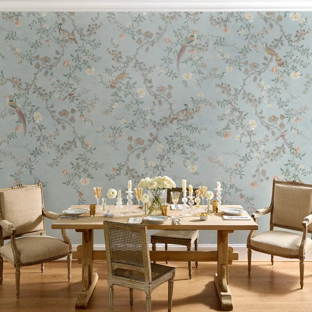 Violet: French Chinoiserie Birds and Floral Vines in Soft Blue
