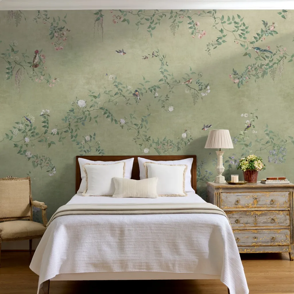 Emma: Chinoiserie Garden Birds and Floral Vines in Sage Green