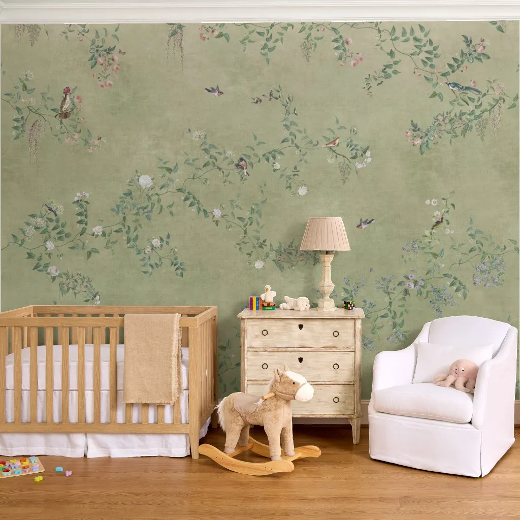 Emma: Chinoiserie Garden Birds and Floral Vines in Sage Green