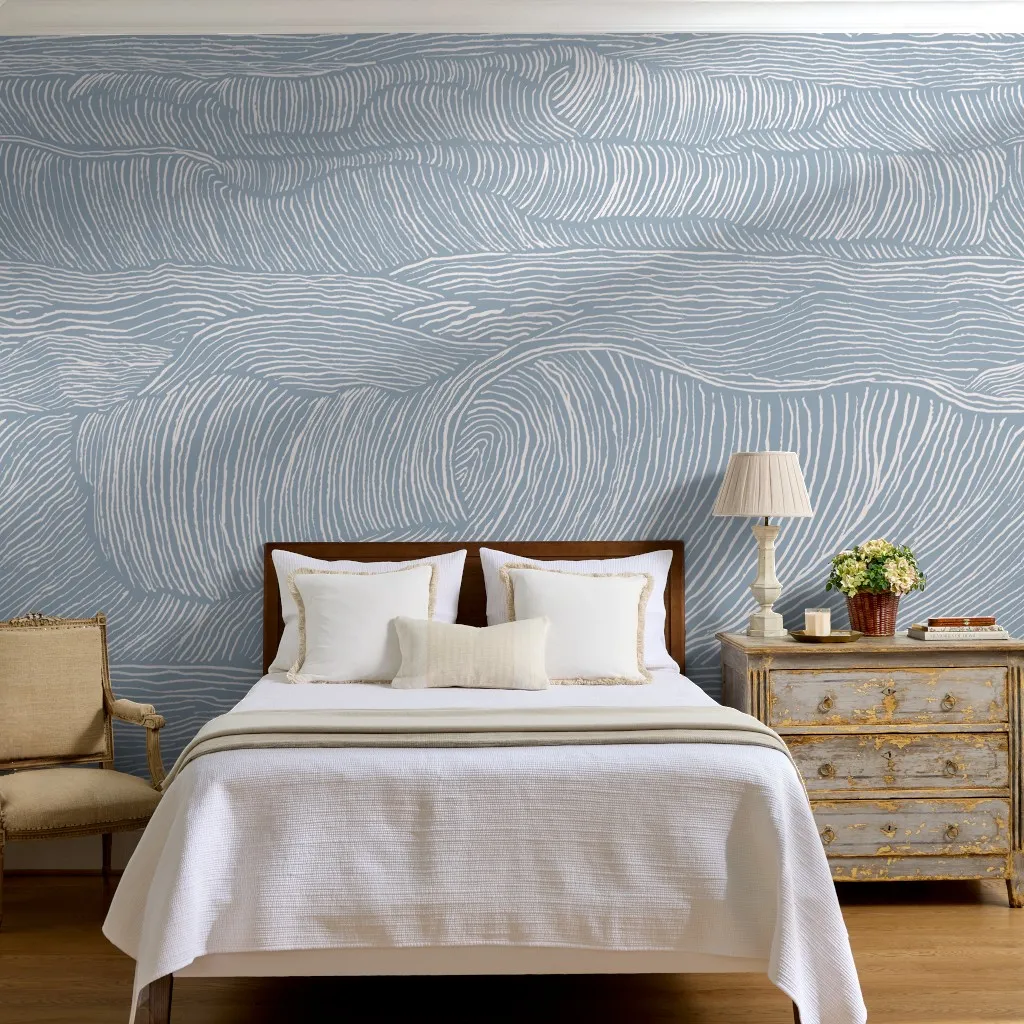 Abstract Rolling Waves Line Art in Coastal Blue and White