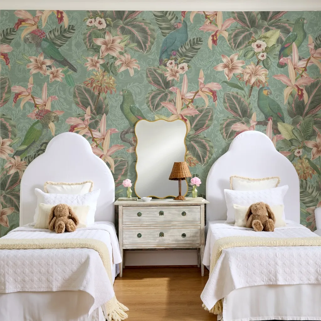 Elia: Tropical Jungle Parrots & Exotic Floral Foliage in Mint Green