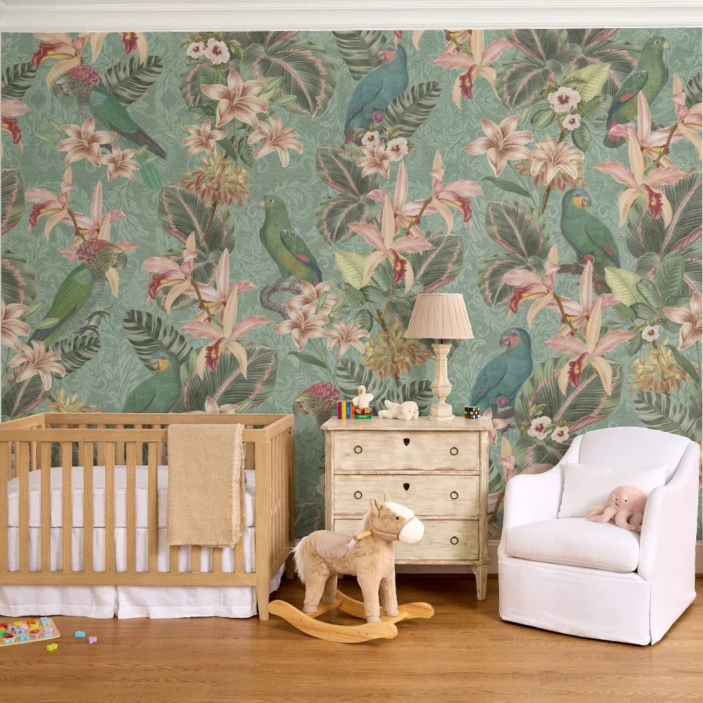 Elia: Tropical Jungle Parrots & Exotic Floral Foliage in Mint Green