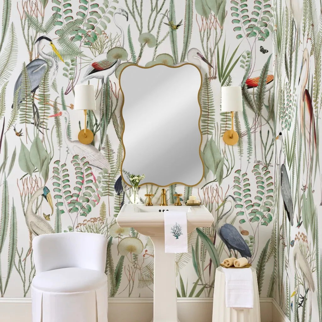 Herons in Marsh Mural on White