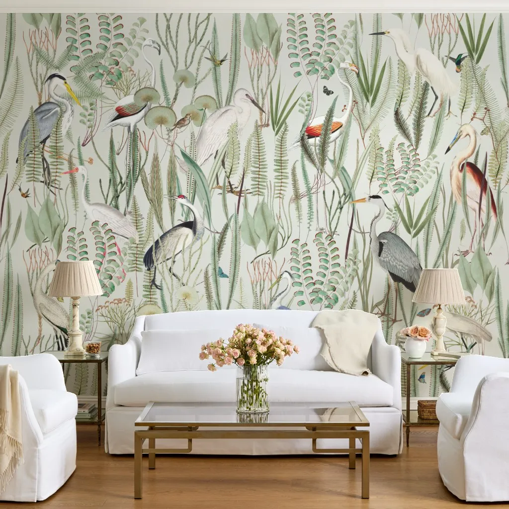 Herons in Marsh Mural on Winter White