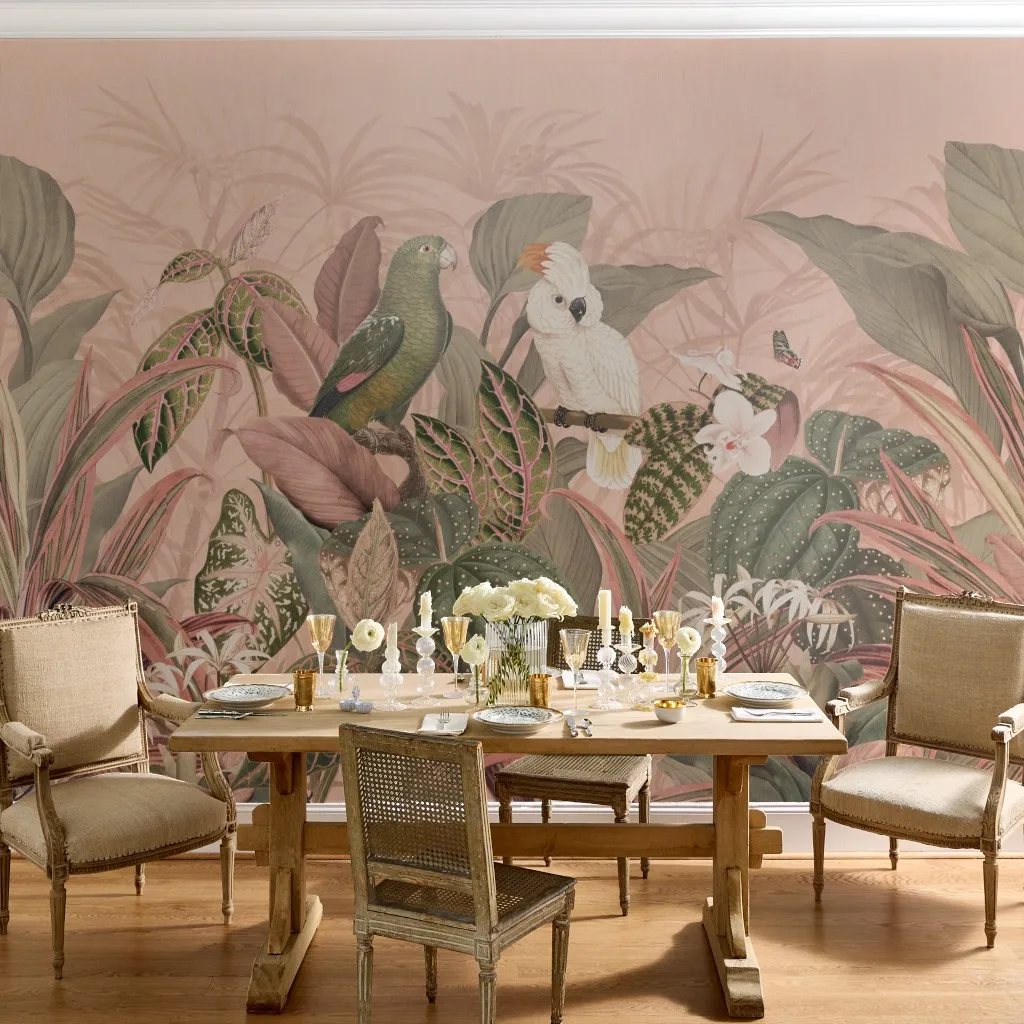 Eden - Vintage parrot birds in tropical garden foliage - pink