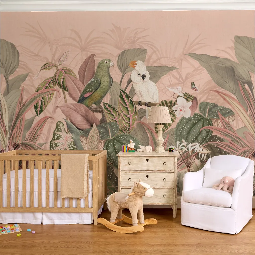 Eden - Vintage parrot birds in tropical garden foliage - pink