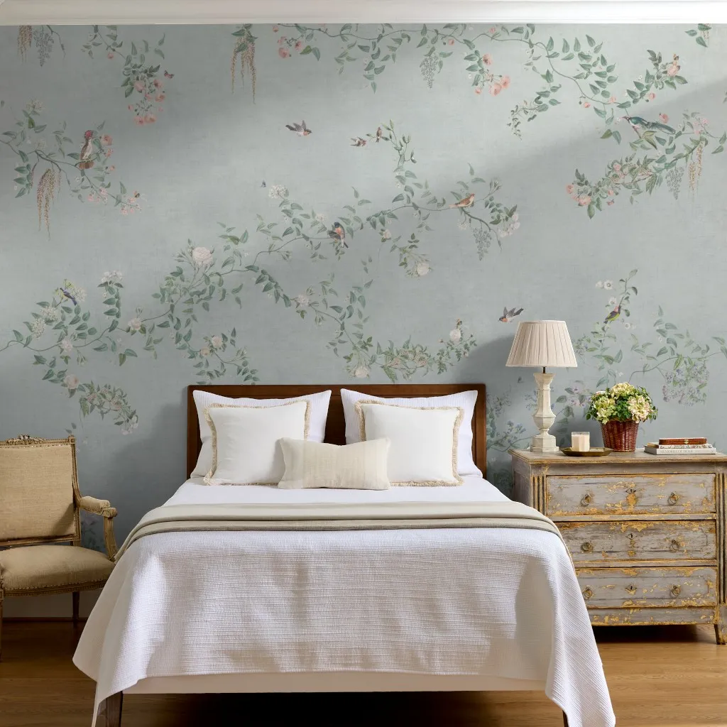 Emma - Chinoiserie garden birds and floral vines- pale blue