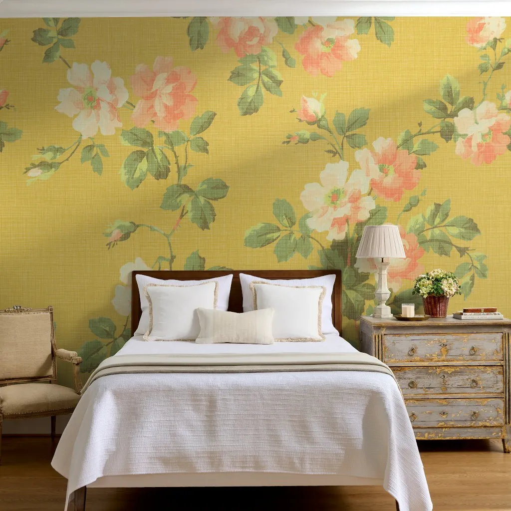 Cottage Rose Floral on Gold Linen