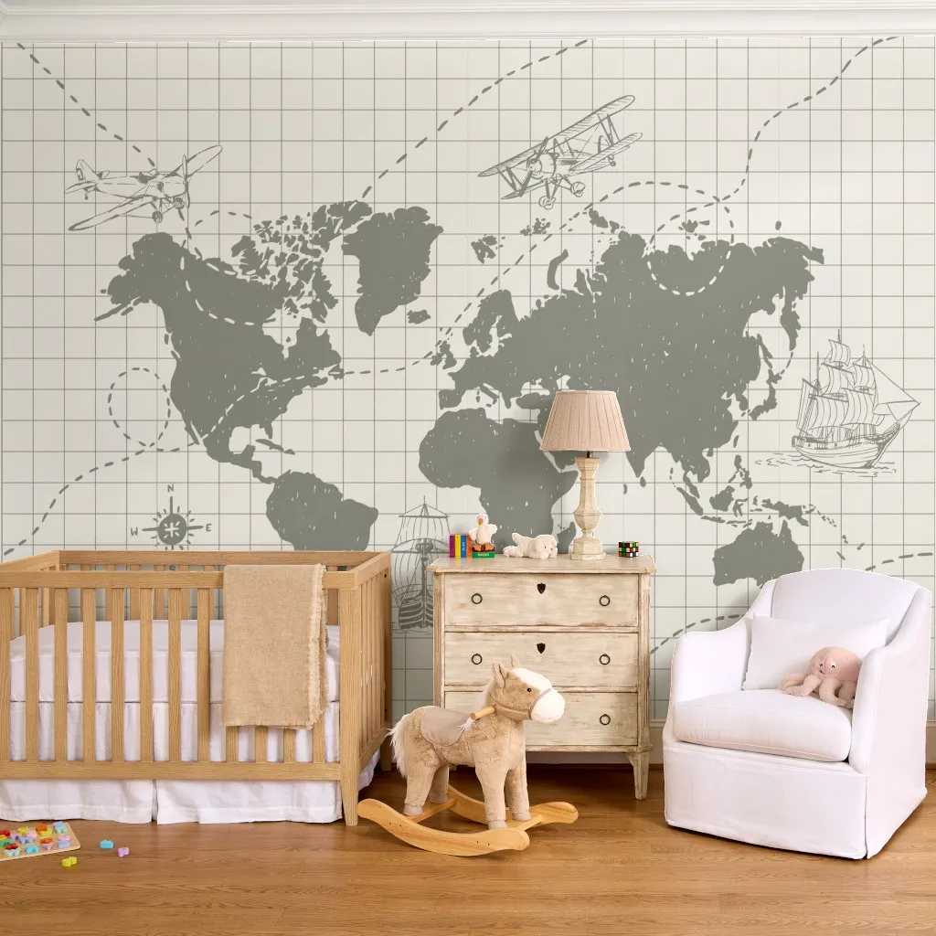 Around The World Map in Cream Olive Green