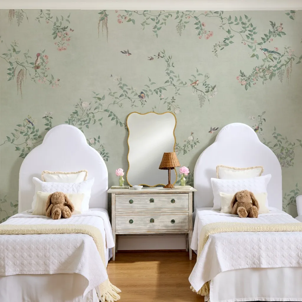Emma - Chinoiserie garden birds and floral vines- pale green