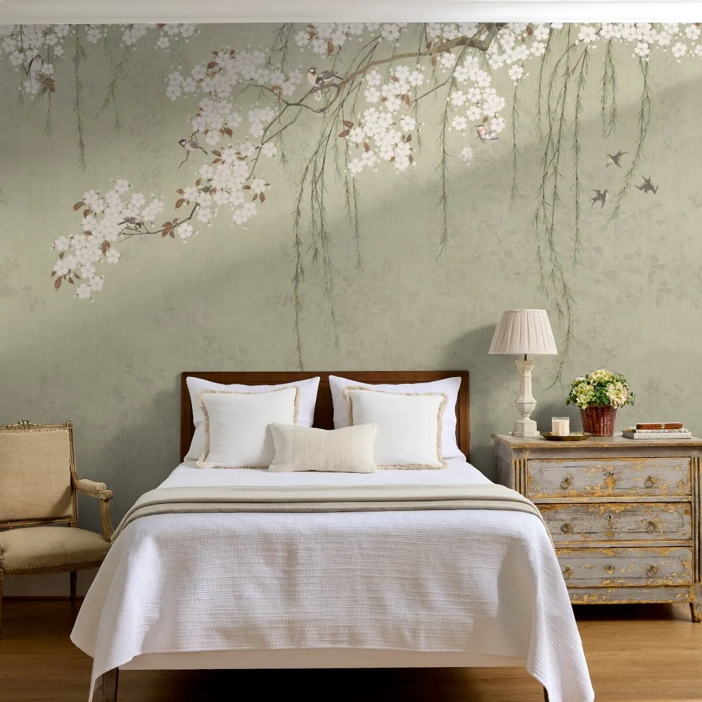 Sakura: Japanese Blossom Branches and Hanging Vines_sage green