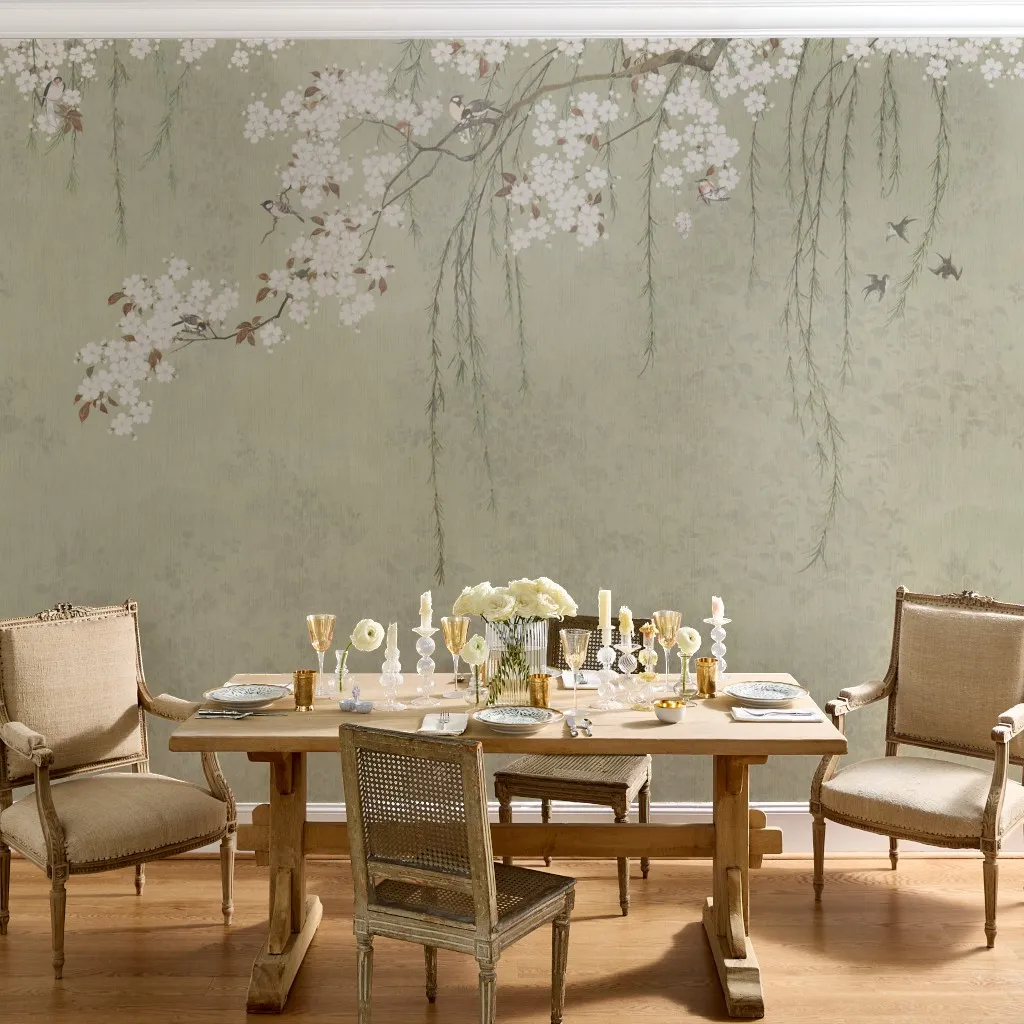 Sakura: Japanese Blossom Branches and Hanging Vines_sage green