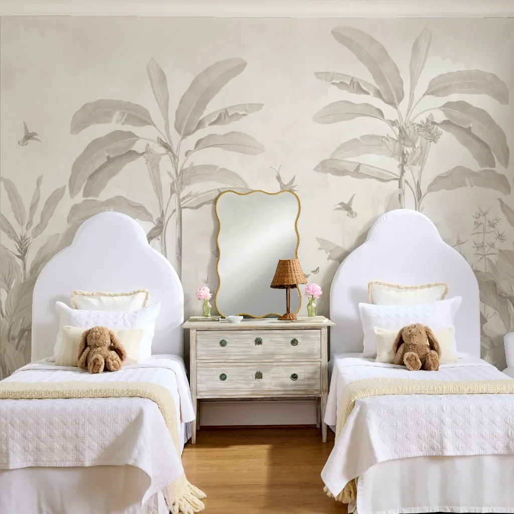 Borneo: Vintage Jungle Birds Landscape in Soft Beige