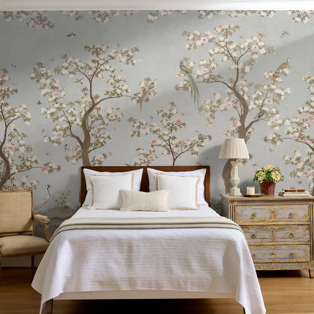 Rose - Crane birds chinoiserie blossom garden - pale blue