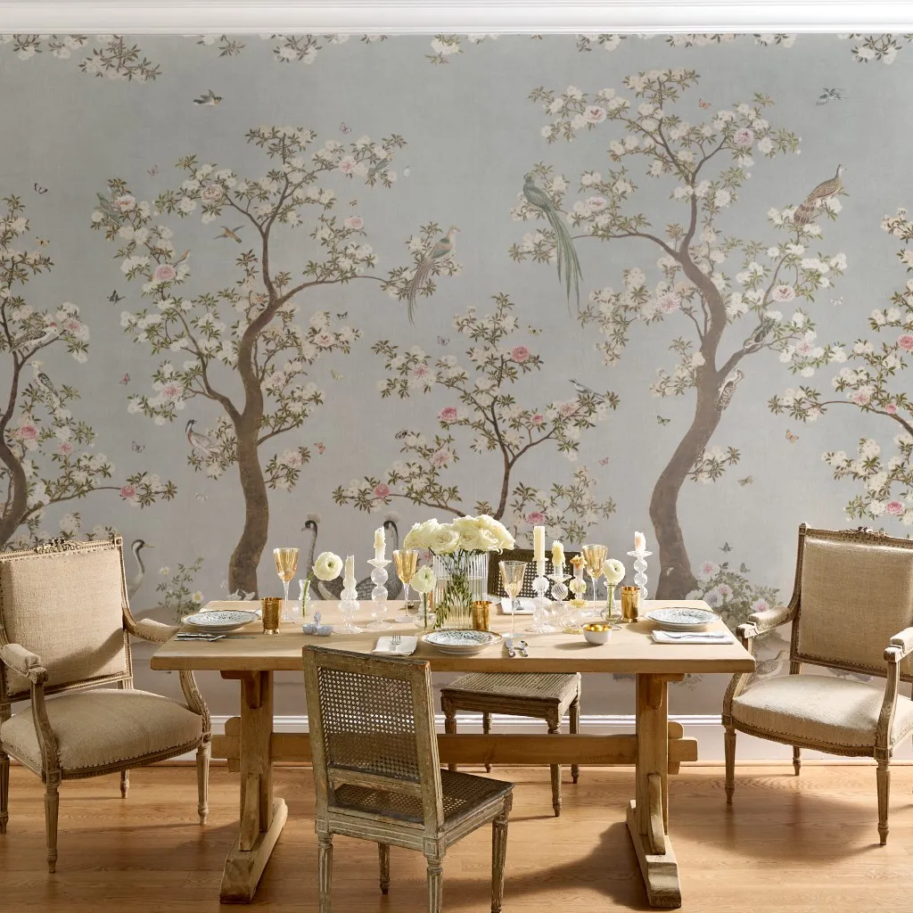 Rose - Crane birds chinoiserie blossom garden - pale blue