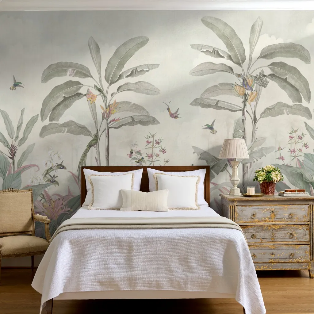 Borneo: Vintage Jungle Birds Landscape in Sage Green