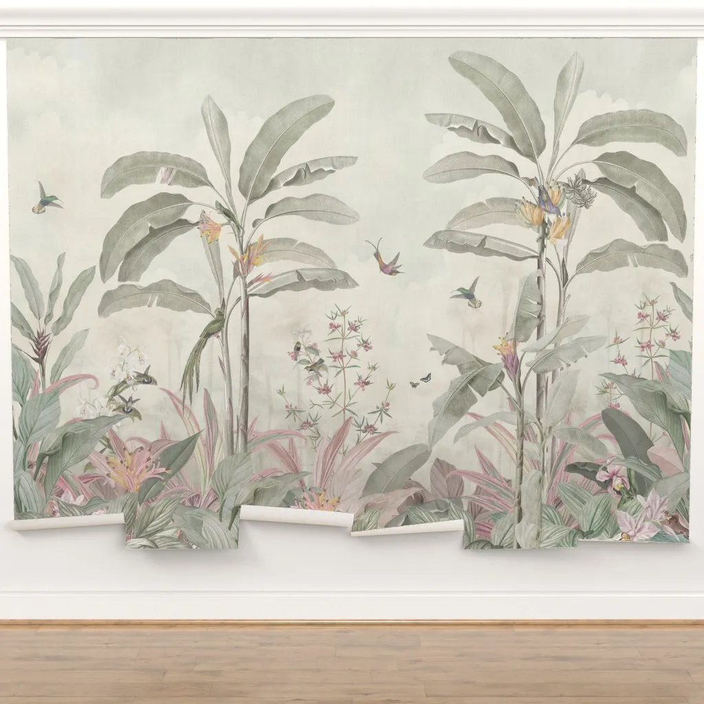 Borneo: Vintage Jungle Birds Landscape in Sage Green