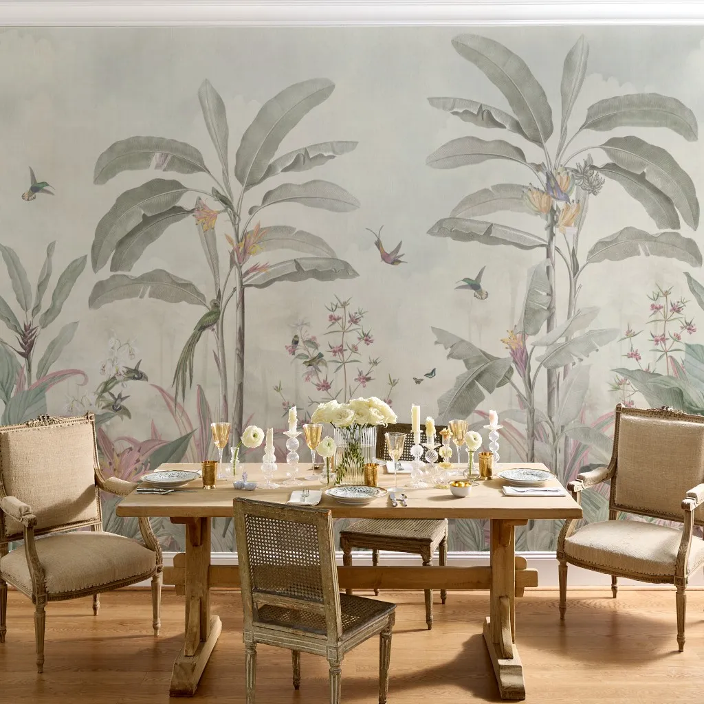 Borneo: Vintage Jungle Birds Landscape in Sage Green