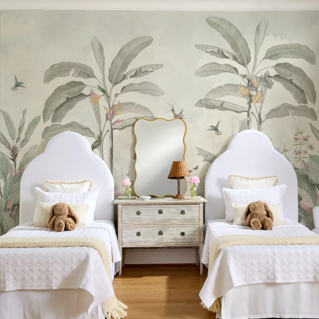 Borneo: Vintage Jungle Birds Landscape in Sage Green