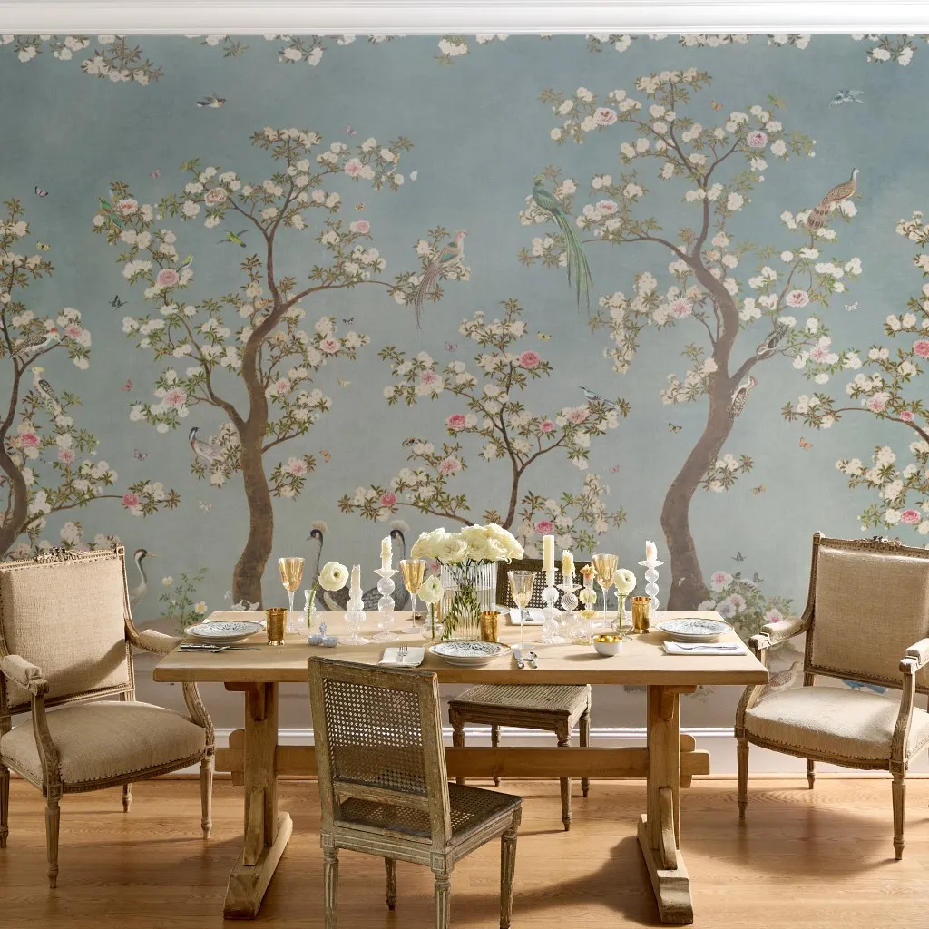 Rose - Crane birds chinoiserie blossom garden - blue